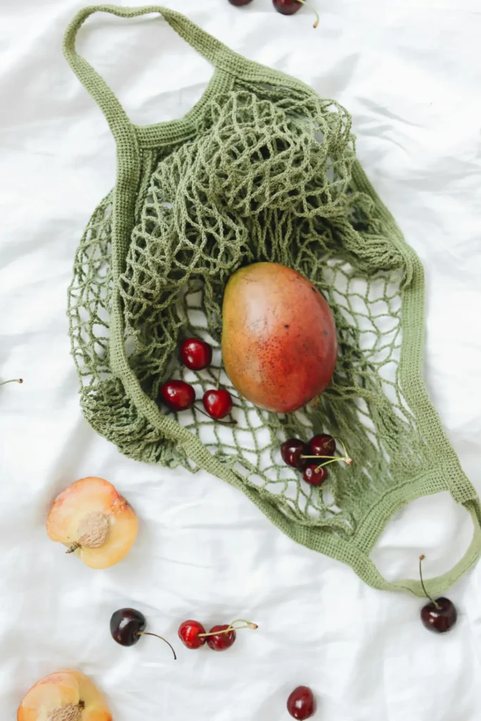 Mesh Bag with Fruits on White Textile